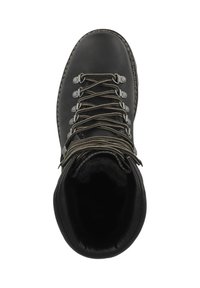 Mustat nahkakengät vaellukseen, joissa on pyöreä kärki, hopeiset yksityiskohdat ja harmaat nauhat. Varustettu pehmustetulla nilkkaremmillä ja kestävä pohja, joka kestää kovaa käyttöä.