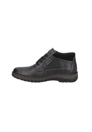 Black leather ankle shoes with a textured surface, lace-up front, elastic sides, thick rubber sole, and subtle stitching accents.