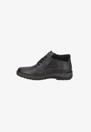 Black leather ankle shoes with a textured surface, lace-up front, elastic sides, thick rubber sole, and subtle stitching accents.