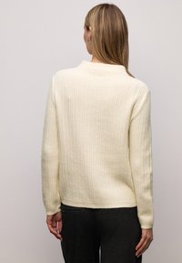 Kremowy prążkowany sweter z wysokim kołnierzem, długimi rękawami i luźnym krojem. Miękka faktura i jednolity wzór, przedstawiony od tyłu.
