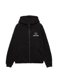 Schwarzer Zip-Hoodie mit Taschen vorne und weißem Text "Project Division Dept." sowie Logo auf der linken Brust.