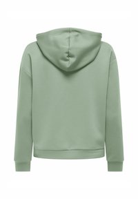 Světle zelená mikina s kapucí zobrazená zezadu, s dlouhými rukávy a žebrovaným pasem a manžetami.