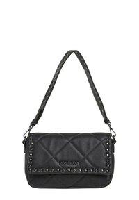 Borsa a tracolla in pelle nera trapuntata con un bordo decorativo con borchie e tracolla, con un logo sul davanti per un dettaglio aggiuntivo.