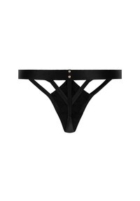 Zwarte string gemaakt van gladde stof met een minimalistisch ontwerp. Dunne banden kruisen elkaar aan de achterkant, verfraaid met twee decoratieve knopen.
