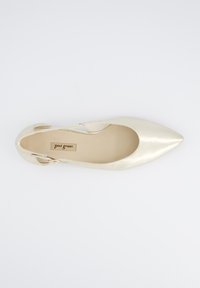Zlaté saténové baleríny s úzkou špičkou a designem s výřezem po stranách, s jemným podpatkem. Obsahují béžovou stélku s viditelným názvem značky.