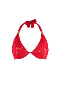 Top bikini a triangolo rosso con un motivo testurizzato simile all pizzo, con legami al collo a halter e un accento dorato sul collo.