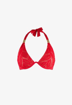 Červený trojúhelníkový bikiny top s texturou připomínající krajku, s vázáním za krkem a zlatým akcentem na výstřihu.