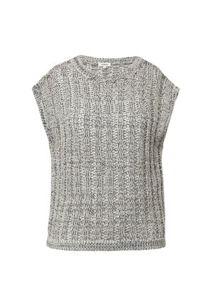 Grijze mouwloze gebreide top met een gestructureerd verticale streep patroon en een wijde halslijn. Relaxte pasvorm van zachte, ademende stof.