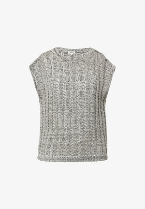 Gray sleeveless knit top featuring a textured vertical stripe pattern and a wide neckline. Relaxed fit with soft, breathable fabric.