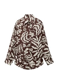 Chemise à manches longues marron et crème présentant un motif abstrait tourbillonnant audacieux et un col classique, réalisée en tissu léger.