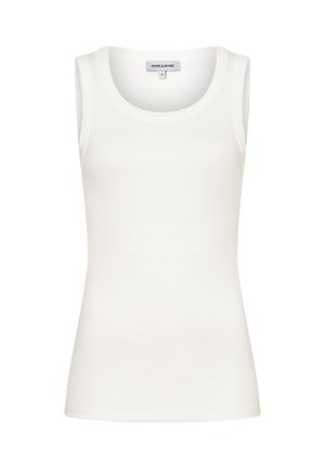 Weißes, ärmelloses, geripptes Tanktop mit rundem Ausschnitt, Größenetikett "36" sichtbar am hinteren inneren Kragen.