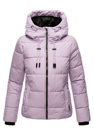 Lila pufferjack met een capuchon, voorzien van een ritssluiting aan de voorkant, elastische trekkoorden en zwarte accenten. Gevoerde textuur met zijzakken.