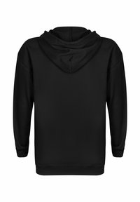 Felpa nera con cappuccio, caratterizzata da una texture morbida, maniche lunghe e una vestibilità comoda. Design semplice senza loghi o motivi.