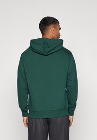 Felpa verde con un ampio cappuccio regolabile, polsini e orlo a coste. Il tessuto appare morbido e testurizzato, adatto per un abbigliamento informale.