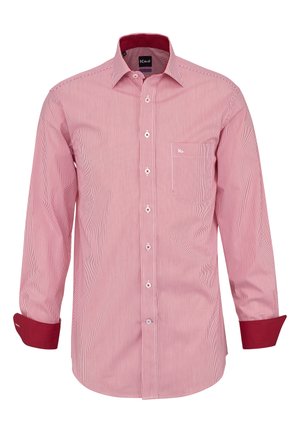 Herrenhemd mit langen Ärmeln, Knopfleiste, dünnen roten und weißen vertikalen Streifen, rotem Innenkragen und Manschetten sowie einer Brusttasche auf der linken Seite.