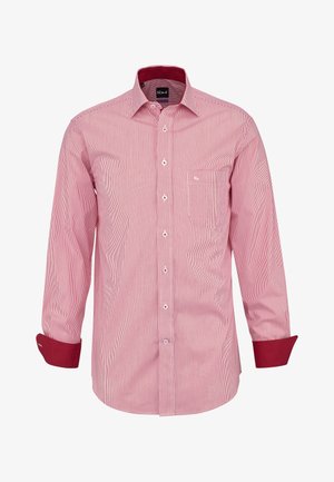 Herrenhemd mit langen Ärmeln, Knopfleiste, dünnen roten und weißen vertikalen Streifen, rotem Innenkragen und Manschetten sowie einer Brusttasche auf der linken Seite.