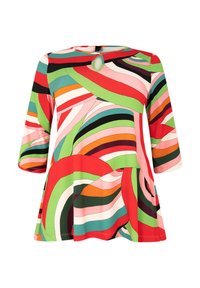 Tunique multicolore avec des manches trois quarts. Présente un col rond avec un détail en trou de serrure. Fabriquée en tissu lisse avec des motifs en vagues.