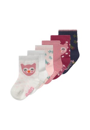 Set of six socks featuring varied colors: white with pink owl, pink with floral, burgundy, dark blue with flowers, and textured designs.