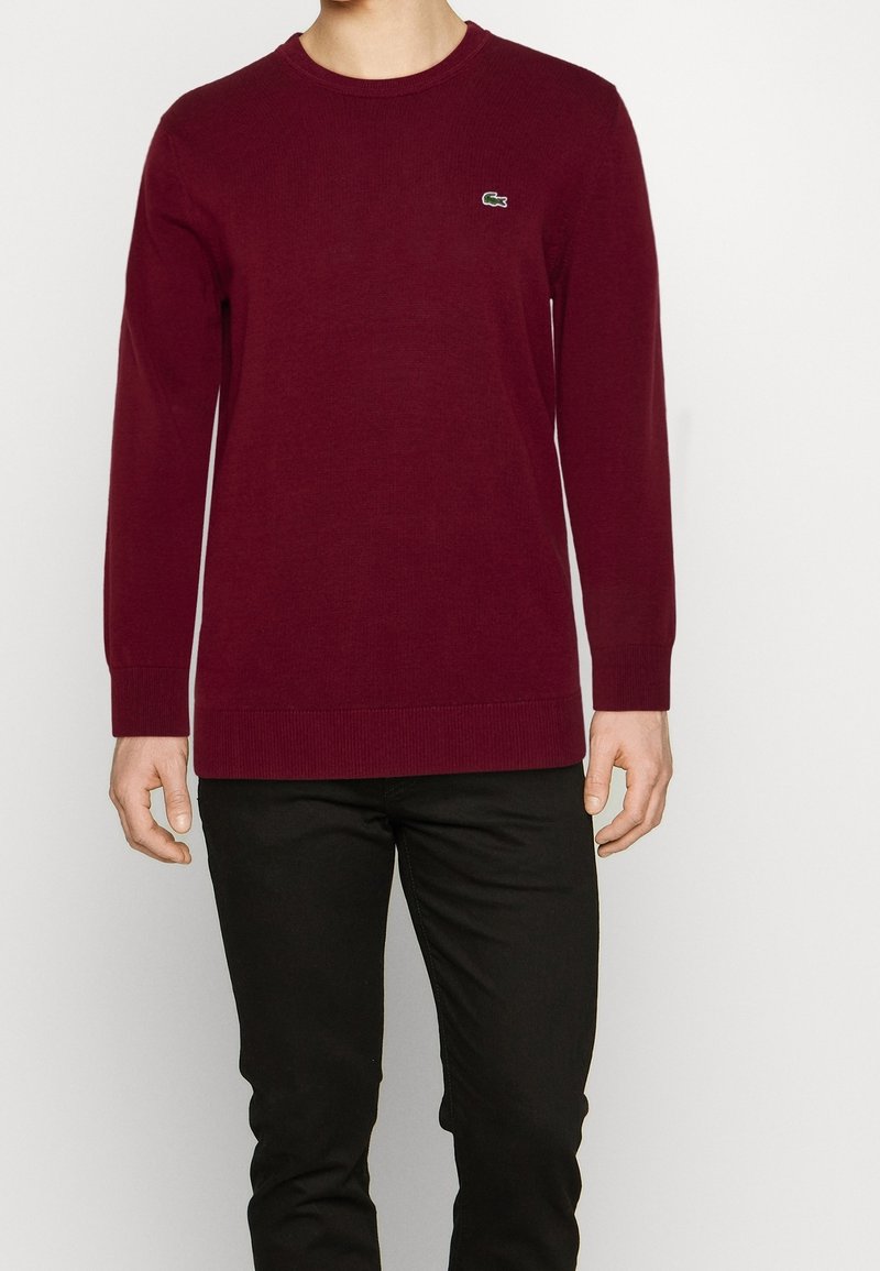 Burgundyröd stickad tröja med långa ärmar, rundad halsringning, ribbade manschetter och nederkant, med en liten grön logotyp på bröstet.