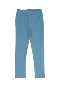 Hellblaue Leggings aus weichem Stoff mit elastischem Bund, ausgestattet mit falschen Taschen und einem schlanken Schnitt.