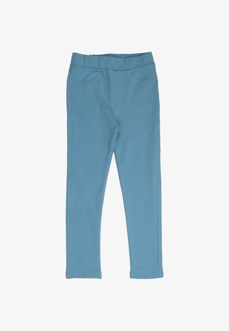 Hellblaue Leggings aus weichem Stoff mit elastischem Bund, ausgestattet mit falschen Taschen und einem schlanken Schnitt.