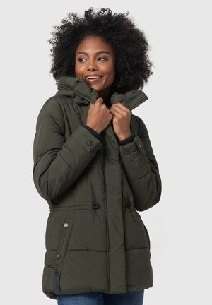 Olive green puffer jacket with a zip and button closure, adjustable hood, and drawstring waist. Features black accents and a quilted pattern.