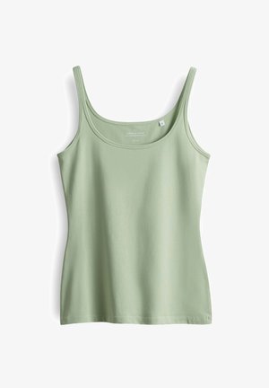 Helles grünes Tanktop aus glattem Stoff, mit dünnen Schulterträgern und einem gerundetem Halsausschnitt, ohne Muster oder Hardwaredetails.