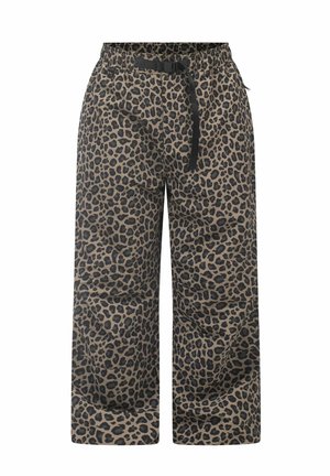 Ein Paar weit geschnittene Hosen mit einem Leopardenmuster in Brauntönen und Schwarz, ausgestattet mit einem elastischen Taillenbund und einer Kordel zum Binden.