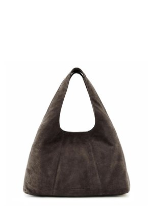 Dunkelbraune Hobo-Tasche aus Wildleder mit einem breiten einzelnen Riemen und einer weichen, lässigen dreieckigen Form.