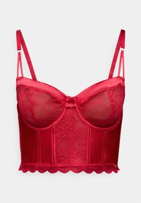 Reggiseno in raso rosso con coppe semi-tranparenti, supporto con ferretto, spalline regolabili e bordo in pizzo ondulato lungo il fondo.
