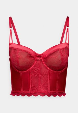 Roter Satin-BH mit Spitze, halbtransparenten Cups, Unterstüztung durch Bügel, verstellbaren Trägern und einem gewellten Spitzenbesatz am unteren Rand.