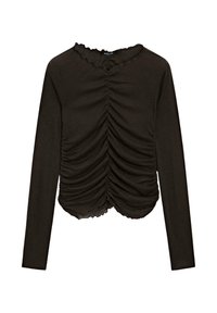 GATHERED LONG SLEEVE WITH V-NECK - Long sleeved top - mottled dark brown