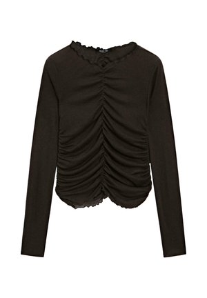Top nero a maniche lunghe con dettaglio arricciato sul davanti e scollo smerlato. Realizzato in tessuto morbido ed elastico.