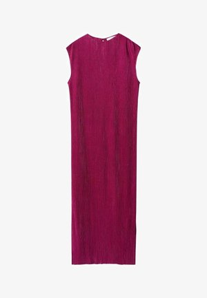 Bezrękawna, sięgająca kostek, prążkowana sukienka w kolorze magenta z okrągłym dekoltem i małym zapięciem na guziki z tyłu.