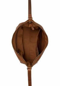 Sac à main en cuir marron avec fermeture zippée, présentant un intérieur lisse et une petite poche zippée d'un côté. Sangle ajustable incluse.