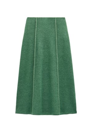 Zielonawe spódnice z wełny w kształcie litery A, z widocznymi detalami szycia i gładką teksturą. Spódnica o średniej długości, odpowiednia na różne okazje.
