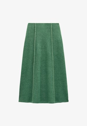 Zielonawe spódnice z wełny w kształcie litery A, z widocznymi detalami szycia i gładką teksturą. Spódnica o średniej długości, odpowiednia na różne okazje.