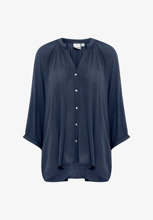 Dunkelblaue Bluse mit V-Ausschnitt, Knopfverschluss und 3/4-Ärmeln. Hergestellt aus einem leichten, weichen Stoff mit fließendem Design und abgerundetem Saum.