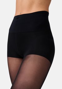 Shorts neri a vita alta realizzati in un materiale liscio e elastico, con rete trasparente nera nella parte inferiore e una cintura senza cuciture.