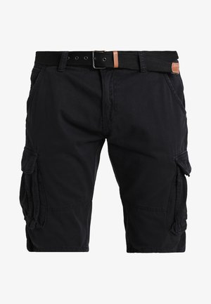 Czarne szorty cargo wykonane z trwałej tkaniny, z wieloma bocznymi kieszeniami, wzmocnionym szwem oraz czarnym paskiem z brązowymi skórzanymi akcentami.