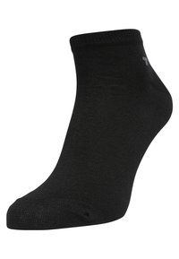 Black ankle sock made from a smooth, stretchy fabric with a ribbed cuff; features a reinforced toe for durability and comfort.