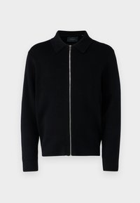 Svart strikket cardigan med hel glidelås og krage, med lange ermer, en teksturert stoff og en sentral glidelåsdetalj.