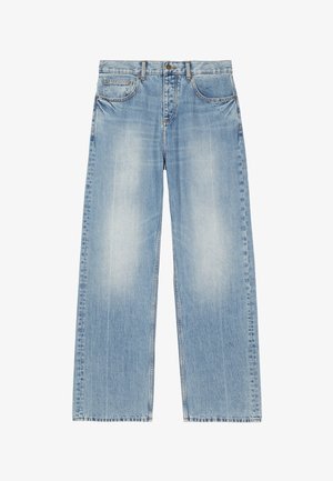 Lichtblauwe vervaagde straight-fit spijkerbroek met voorzakken, lusjes voor riem en knoopsluiting.