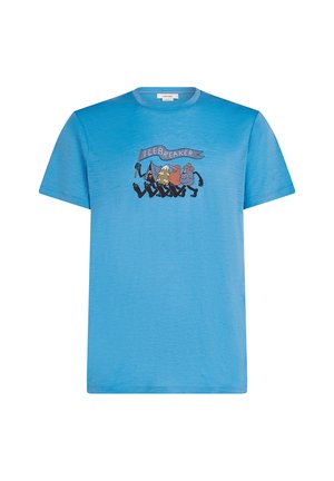 Short-sleeve, crew-neck t-shirt in light blue cotton, featuring a colorful graphic print of characters with a flag saying "ICEBREAKER."