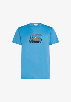 Short-sleeve, crew-neck t-shirt in light blue cotton, featuring a colorful graphic print of characters with a flag saying "ICEBREAKER."