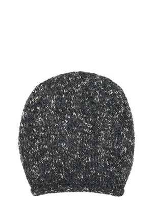 Dark gray and white marled knit beanie hat with a small round metal logo tag near the brim, shown on a white background.