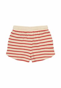 Shorts rayés en tissu crème et rouge, dotés d'une taille douce, d'une coupe décontractée et d'une texture lisse avec un design simple.