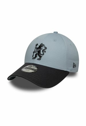 Gray baseball cap with black curved brim featuring a black embroidered lion holding a staff on the front panel.