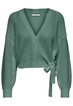 Pull cache-cœur en maille verte avec de longues manches ballon et fermeture à nouer sur le côté à la taille.