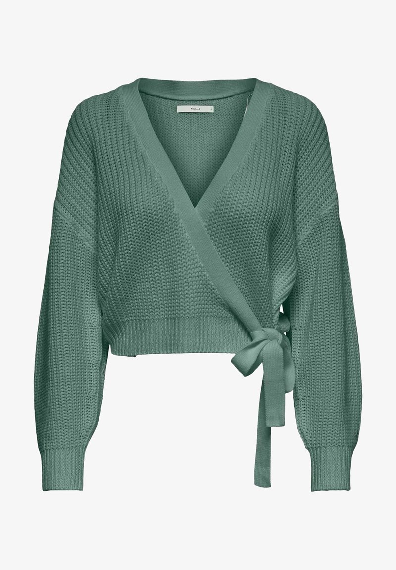 Pull cache-cœur en maille verte avec de longues manches ballon et fermeture à nouer sur le côté à la taille.
